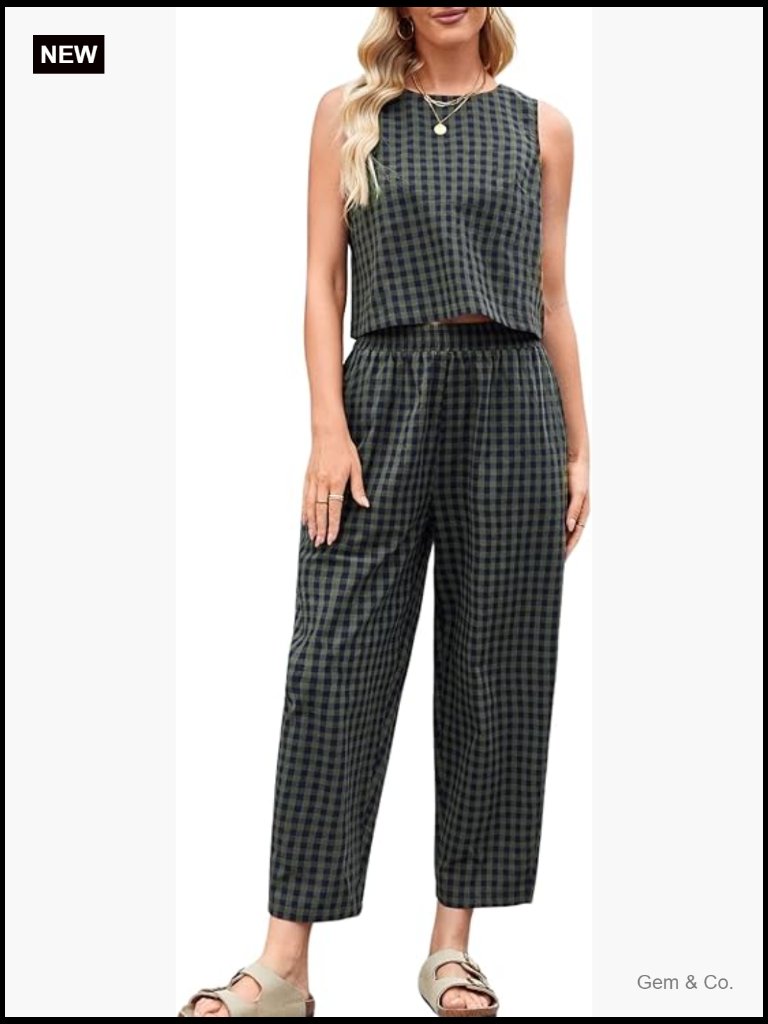 Cotton Gingham 2 Piece Outfit Summer Tank Top Pants Matching Casual Beach